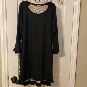 Jodiful Long Sleeve Black/Cheetah Knee Length Dress with Ruffle Detail